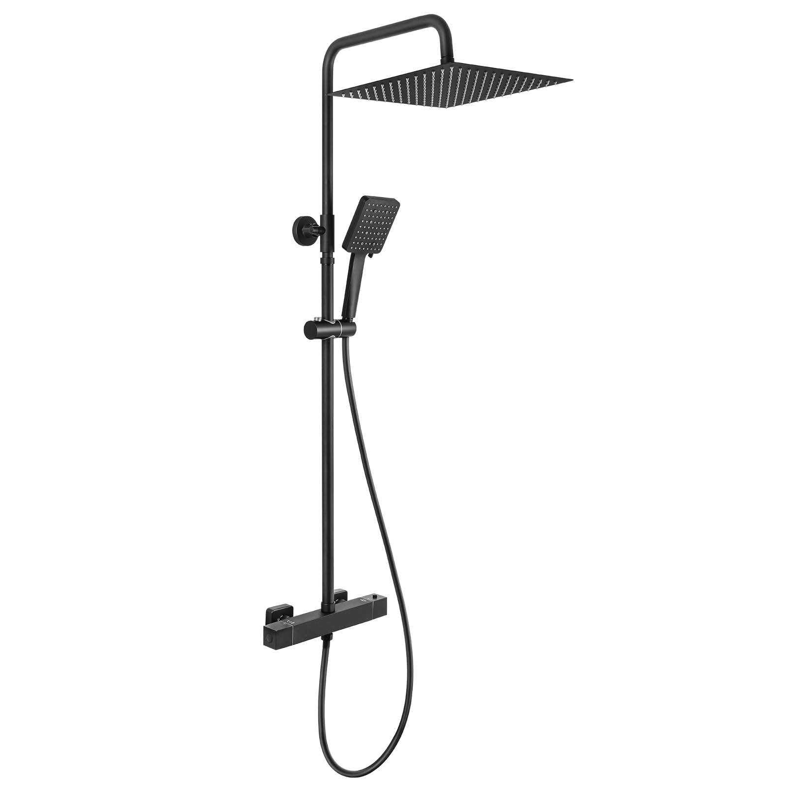 Auralum Colonne de Douche Thermostatique Noir Mat, Ensemble de Douche complet avec Ciel de Pluie 30cm et Douchette 6 Jets, Mitigeur de Salle de Bain Anti-Calcaire, Barre Réglable 88-124cm
