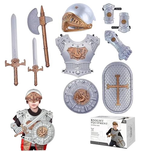 Hperu Disfraz de caballero para niños, disfraz de caballero medieval con escudo, casco, espada y accesorios, real para niños de 3 a 10 años, estilo 2 - Armadura medieval