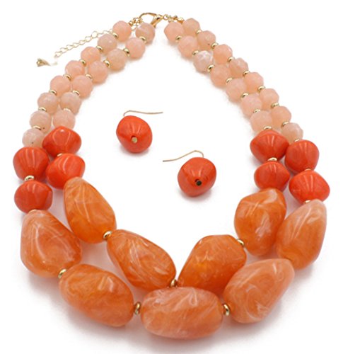 Shineland 2 Layer Jelly Colored Acrylic Handmade Statement Strand Chunky Beaded Fashion Necklaces And Earring (Style # 1 Orange) #TOP3