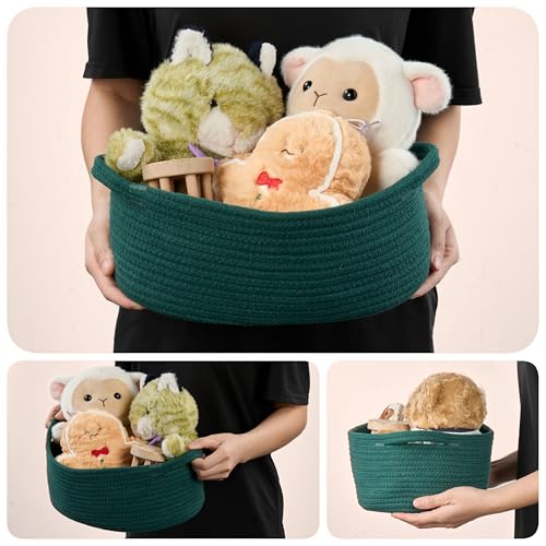 Image of Small Woven Gift Basket Empty with Bag & Ribbon - Gifts for Mom, Baby Shower, Birthdays & Raffle - Cotton Rope Storage Basket for Dog Toys or Shelf - 12 inchx8 inchx5 inch, Green