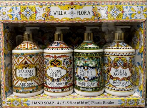 Villa Flora Hand Soap Collection, 4 Bottles of 21.5 fl.oz, Sea Salt Verbena, Coconut Citrus, Orchid Vanilla, White Jasmine Scents