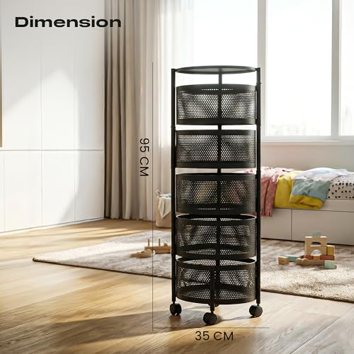 Image of Metal Multi-Purpose Trolley Kitchen Storage Organizer Rack Stand with 360 Wheels | 5 Layer Round Design | Kitchen Accessories Items for Fruit Vegetable Onion Rack for Kitchen (Black)