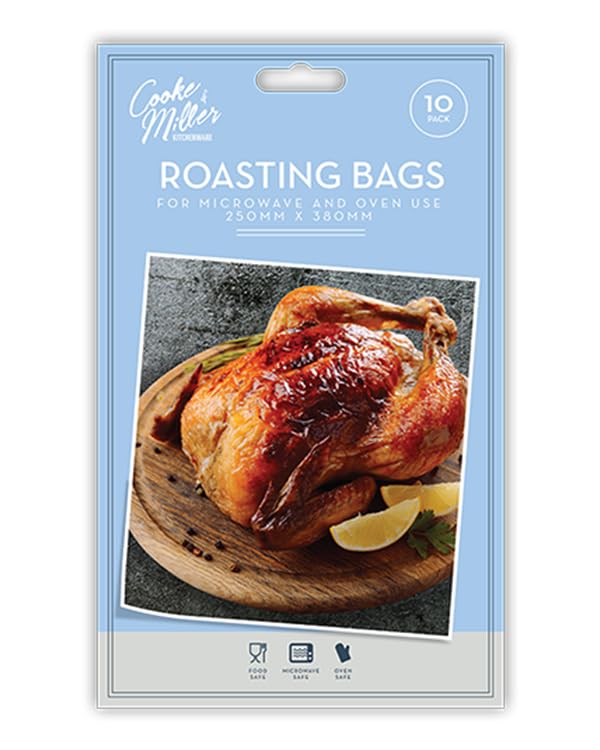 Pack of 10 - Large Roasting Bag 250mm x 380mm - Safe for in the Oven or Microwave - Easy Juicy Cooking Chicken Meat Fish Vegetables Clear