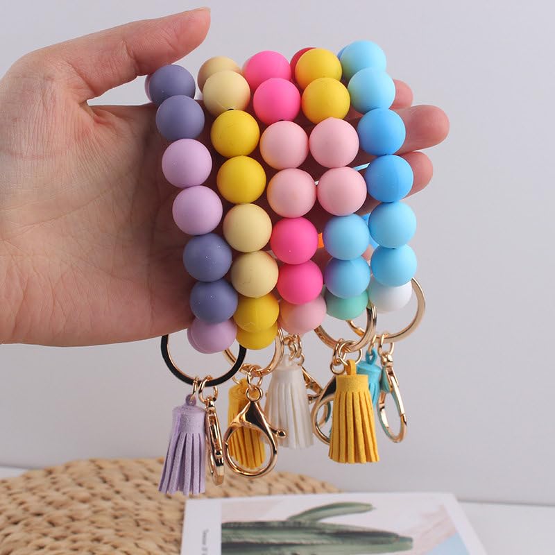 Image of Silicone Beaded Bracelet Keychain Wristlet Cute Car Key Chain Holder Wallet Bag Charm Accessory