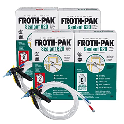 Froth-Pak 620 Spray Foam Sealant Kit, 15 ft Hose. Improved Low GWP Formula. Seals Cavities, Penetrations and Gaps Up to 4" Wide. Yields Up to 620 Board ft. Two Component, Polyurethane, Closed Cell