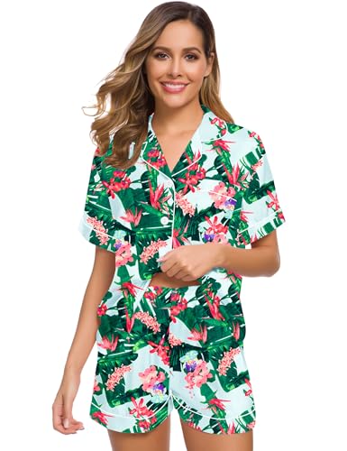 Image of SWOMOG Womens Silk Satin Pajamas Set Short Sleeve Sleepwear Button Down Top and Shorts Loungewear 2 Piece Pjs Set XS-3XL Tropic Medium