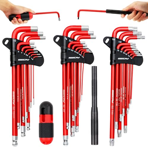 SEDY 30-Piece Long Arm Ball End L-Hex & Torx Key Set with Grip Handle, Ultimate Hex Key Wrench Set with T-Handle and Extension Bars, SAE 1/16" to 3/8", Metric 1.5mm to 10mm, Torx T10 to T50