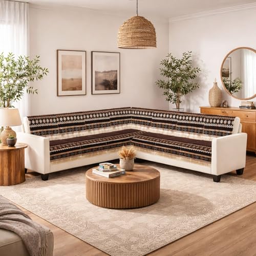Image of Elegant Woven Brown Sofa Cover - Soft Chenille Traditional Pattern with Lace Style | L-Shape Sectional Seat Protector for Living Room | Durable & Stylish Slipcover 6 Seater L Shape