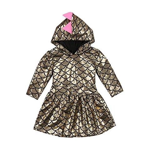 Toddler Baby Girls Princess Dress 3D Dinosaur Print Hooded Sequins Fish Scale Skirt Golden Party Dresses (Gold, 3-4T) Cover
