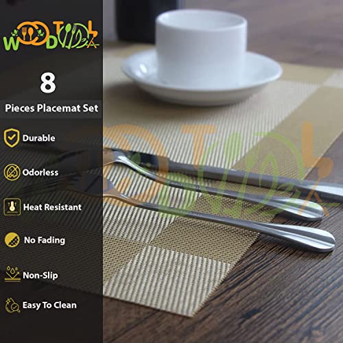 Image of Table Runner and Placemats Set of 8 - PVC Table Mats - PlaceMats for Dining Table - PVC Table Mats - Kitchen mats (8-Piece Placemat, 1-Piece Runner, Gold)