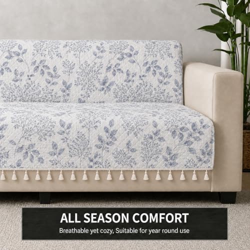 Image of STITCHNEST 'Frostvine Collection' 3 Seater Sofa Cover - Full Coverage| Cotton Quilted Fabric, Decorative Tassels, Washable & Durable for Modern Living