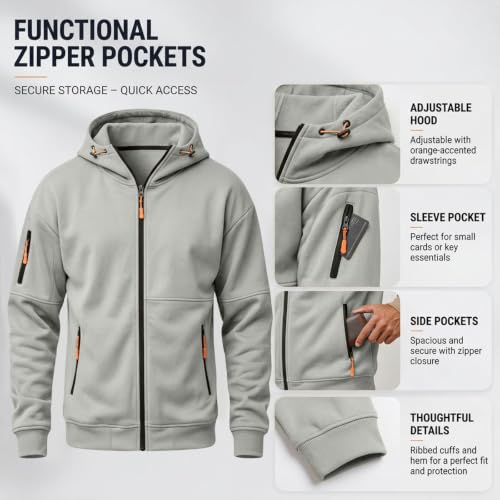 Mens Zip Up Hoodies Fall Jackets Tactical Full Zip Hoodies Cargo Sweatshirt - image 5