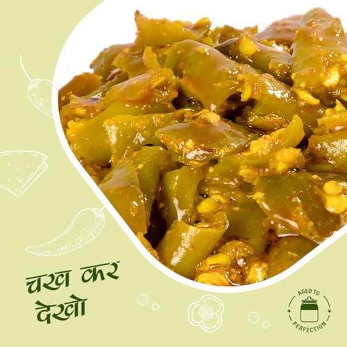 Image of Add Me Hand Made Chilli Pickle 500 g in Mustard Oil | kati hari mirchi ka achar Green Chili Mirch Pickles 500gm