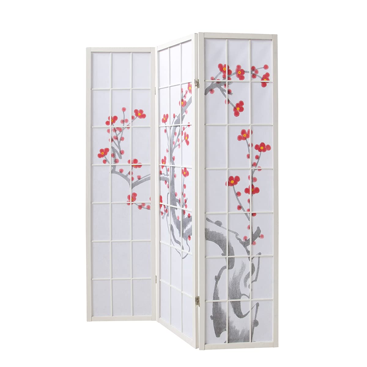 PEGANE Paravent Japonais Fleur de Cerisier en Bois Blanc de 3 pans, L132 x H175 x P2 cm
