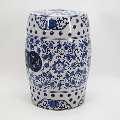 QIUHTR Taburete de Jardín de Cerámica Azul y Blanco,Taburete Tambor de Porcelana Pintado a Mano con Patrón de Vides Entretejidas y Relieve de Puntos,para Patio & Sala