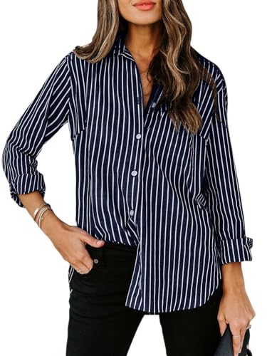 siliteelon Striped Button Down Shirts Women Long Sleeve Cotton Work Blouses