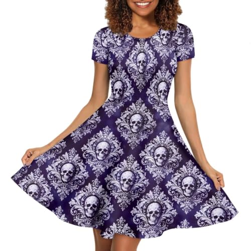 Image of POLERO Women Puffy Swing Elegant Party Midi Dresses Short Sleeve Round Neck A-Line Dress