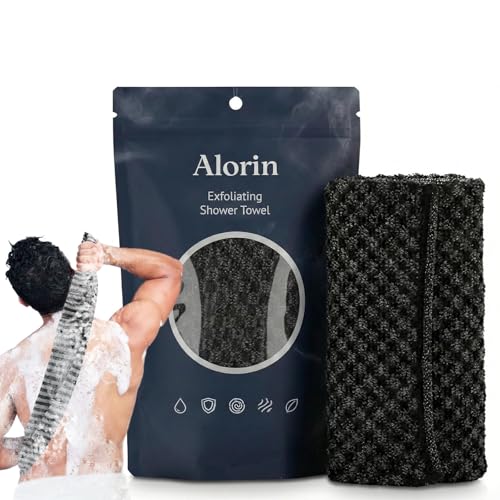 Alorin Exfoliating Shower Towel Skin Washcloth Silver Bath Loofah Premium Scrub Wash Cloth for Body Face Men Woman (Black)