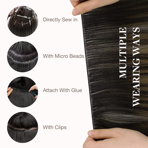 Image of GOO GOO Genius Weft Hair Extensions Human Hair, Sew In Hair Extensions Rooted Remy Weft, 1B /6 /1B Balayage Natural Black to Chestnut Brown 14inch 80g, Hand Tied Weft Hair Extensions