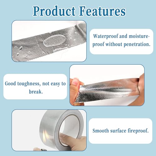 Image of Aluminum Foil Tape for Ductwork, 2 inch x 65 Ft Metal Duct Tape Heavy Duty Waterproof, High Temperature Silver Tape with Adhesive Backing for HVAC Dryer Vents Pipe Sealing Repair