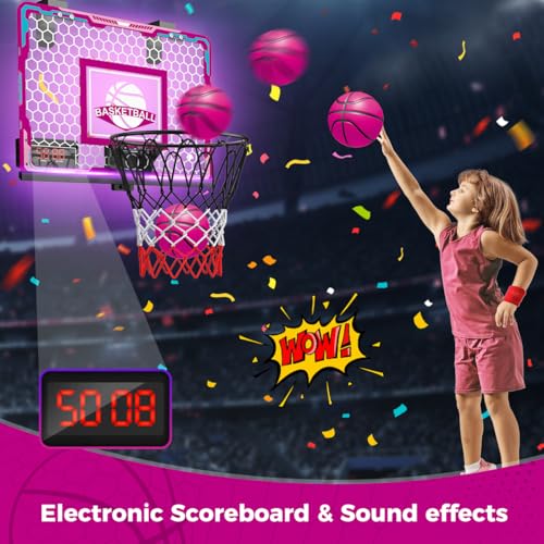 VATOS Basketball Hoop for Girls Indoor, Pink Basketball Hoop with 7 Color Lights, Electronic Scoreboard & Remote Controller, Basketball Set Toys Birthday Gifts for Girls Kids Teens 5-12