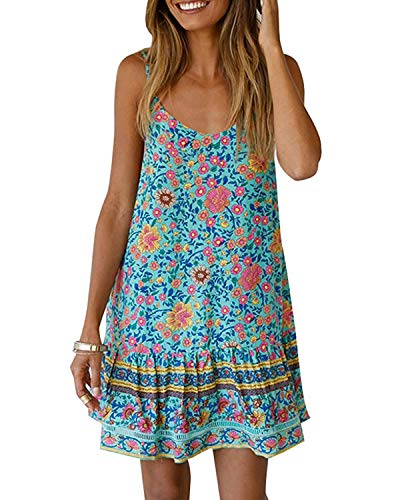 Abravo Mujer Vestido Boho Floral Verano sin Mangas Casual Falda Corta de Cuello V Profundo Mini Vestido de Playa,Verde,M