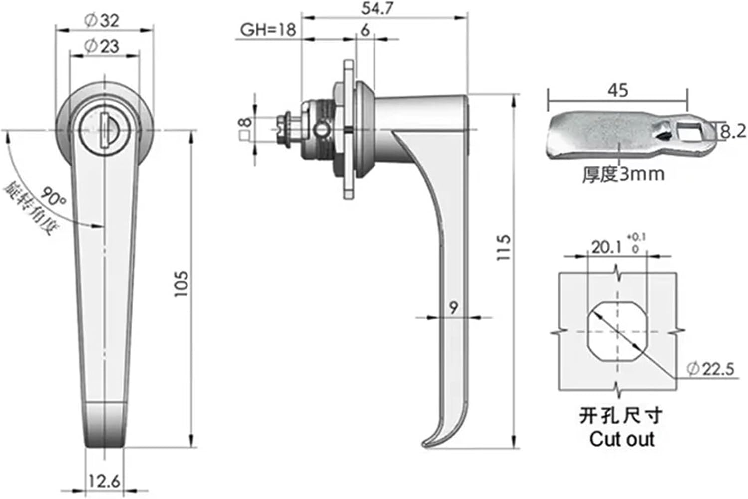 MS324 Zinc Alloy Door L Handle Electrical Panel Lock Swing with Key Latch Plane 1Pcs(Ms324-1 Black)