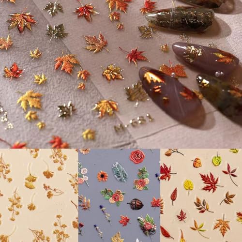 4 Sheets Nail Stickers for Autumn 5D Golden Nail Art Decals Maple Leaf