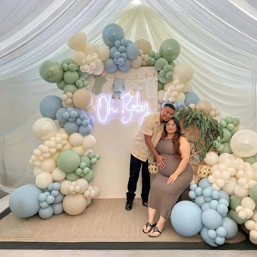 Image of Dusty Sage Green Blue Balloons, Muted Slate Blue Green Gold Balloon, 12 Inch Olive Green Cream White and Gold Balloon for Woodland One Silly Goose Lucky Birthday Decor Baby Bridal Shower Decorations