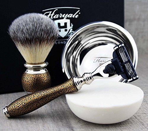 Zestaw do golenia w stylu vintage dla mężczyzn z syntetycznym pędzlem do golenia, maszynką Mach3 i miską do golenia i mydelniczką premium + darmowy aluminiowy sztyft Premium Gold antyczny wybór do codziennego użytku