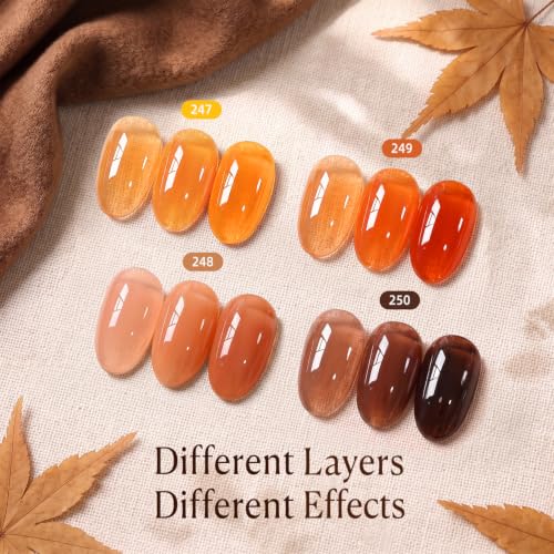 Image of AZUREBEAUTY Jelly Fall Nail Polish Set 4 Colors, Orange Peach Brown Shades | Translucent Glass-Like Finish | Juicy Sheer Tint | Quick-Dry Formula | Lightweight Natural Look | Fresh Glossy Effect