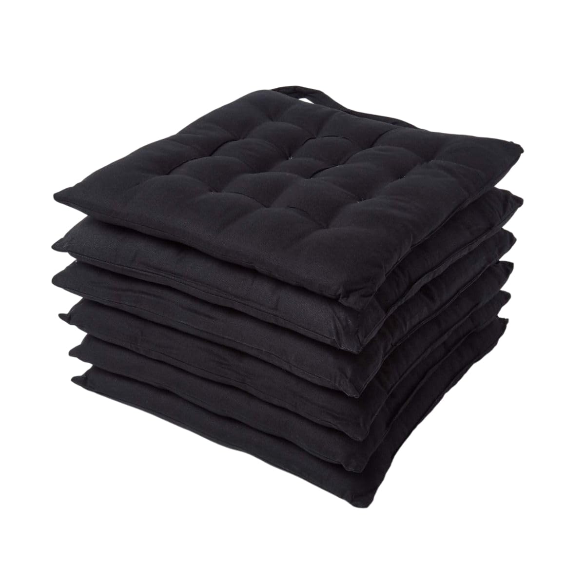 HOMESCAPES Black Seat Pads for Dining Chair, Set of 6 100% Cotton Chair Pads with Straps, 40x40 cm