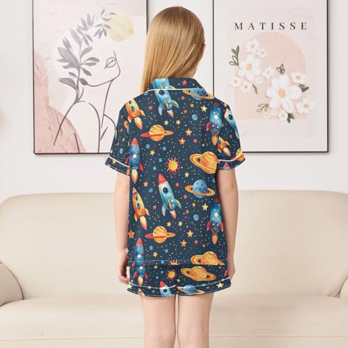 ALAZA Space Star Planet Solar System Blue Pajamas Satin Pajama Set Short Sleeve Button Down Sleepwear4