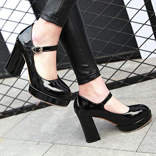 Agodor Women's Goth Mary Jane Lolita Platform Shoes Chunky High Heel Round Toe Patent Leather Pumps (US 8.5, Black)4