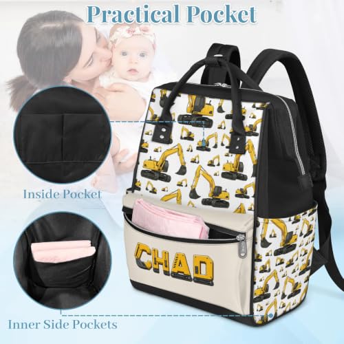 Image of Customized Diaper-Backpack Waterproof Nappy-Bag Baby-Gift Excavator Yellow | Monogram Baby Backpack for Traveling Stroller Organizer Mommy Bag for New Parents Mom Dad Personalized Baby Shower Gifts