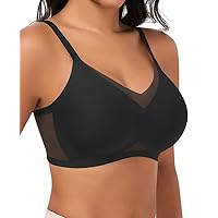 Jiuday Bequem BH ohne Bügel Spitze Mesh Damen BHS Große Brüste Starker Halt Soft Nahtloser Push Up BH ohne Buegel Gepolstert Stütz Bügellos Bralette (Schwarz,L)