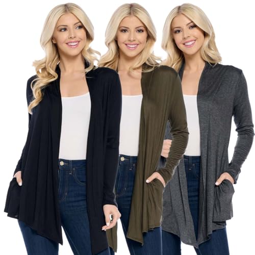 Isaac Liev 3-Pack Women's Cardigan Lightweight Open Front with Pockets - Womens Sweater Cardigans