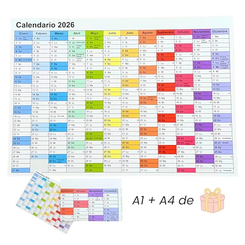 CAMALEON GRAFIC Calendario 2026 de Pared A1 (89x63 cm) + Mini Calendario A4 Gratis, Diseño Colorido con Fechas Grandes, Papel Grueso 150 g Ideal para Oficina, Hogar y Aulas, Mapa Anual Completo