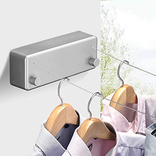 Image of BESy Retractable Clothesline ABS case+Aluminum Dryer with Adjustable Stainless Steel Double Rope String Hotel Style Heavy Duty,Wall Mounted Method, 13.8 Feets,Silver