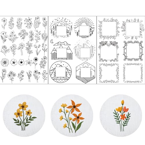 Water Soluble Embroidery Stabilizers for Hat - 3 Sheets 42 Pcs Stick and Stitch Self Adhesive Wash Away with Pre-Printed Flower Pattern for Cap Cloth Embroidery Hand Sewing Lover Beginners DIY Gifts