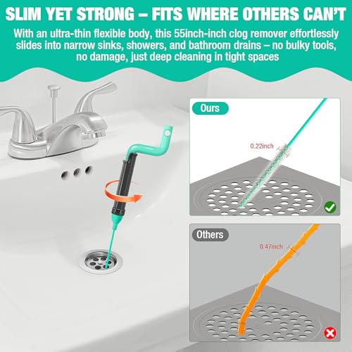 55inch Steel Core Drain Clog Remover Tool With Rotating Handle, Slim Snake Drain Hair Removal Tool For Narrow Pipes, Sinks, Showers, Toilets, Clears Hair, Blockages With Sink Drain Cleaner (5pcs) - Image 4