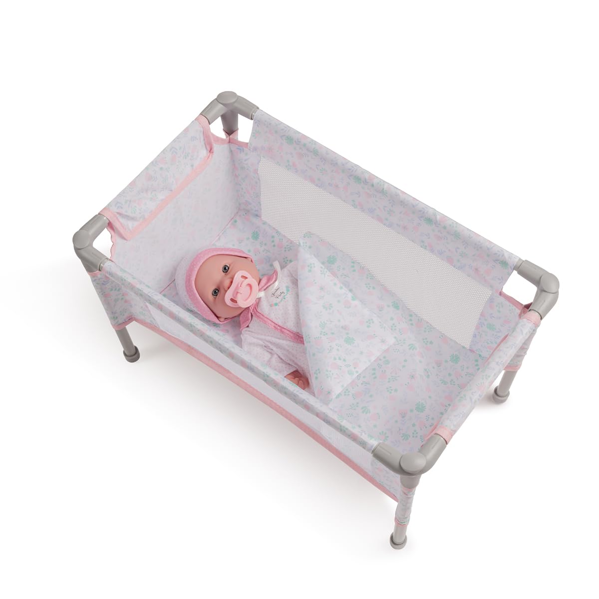JC Toys - Składane łóżeczko podróżne - Park dziecięcy, lalki do 45 cm, łatwe do złożenia i demontażu, w zestawie torba, poduszka i koc, dekoracja kwiatowa, zaprojektowana przez Berenguera, 3 lata