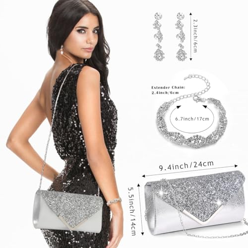 10Pcs Silvery Rhinestone Jewelry Set for Women Bride Wedding Prom Jewelry Evening Rhinestone Sparkly Clutch Purse Bag Necklace Tennise Layered Bracelets CZ Ring Crystal Drop Earring Set Silvery Shiny Costume Kit3