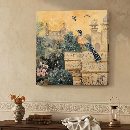 Image of PAINTINGMANTRA Mughal Palace Artwork Stretched Canvas Painting for Living Room | Heritage Bird Canvas Wall Decor Art For Livingroom, Bedroom, Office, Hallways - 22x22 Inch