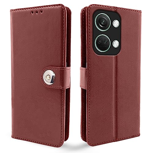 Image of Pikkme OnePlus Nord 3 5G Flip Cover Leather Finish | Inside TPU with Card Pockets | Wallet Stand and Shock Proof | Complete Protection Button Flip Case (Brown)