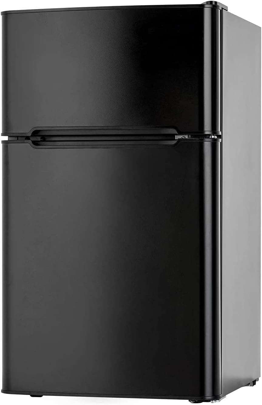 ROVSUN 3.2 Cu.Ft Double Door Small Refrigerator, Mini Fridge with Freezer for Dorm, Bedroom, Garage, Camper, Basement Office, Black