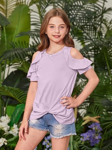 Image of BesserBay Girls Cold Shoulder Tops Twist Front Tunic Ruffle Sleeve Summer Blouses 5-14 Years