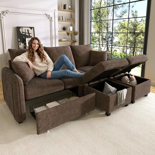 Merax Canapé d'angle multifonctionnel, canapé d'angle 3 places convertible avec 2 positions de rangement, tabouret avec 2 tiroirs, modulable, tissu côtelé,...
