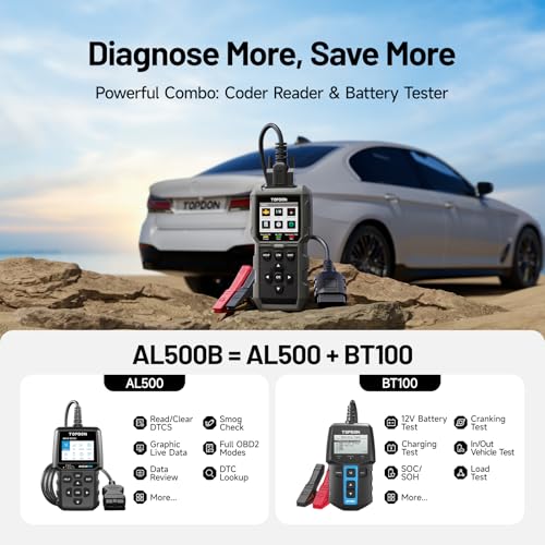 TOPDON AL500B OBD2 Scanner Battery Tester, 2 in 1 TOPDON Scanner, 10 OBD2 Diagnosis, 12V Battery Test, 12V/24V Battery Analyzer, Cranking Test, Charging Test, Automotive Scan Tool