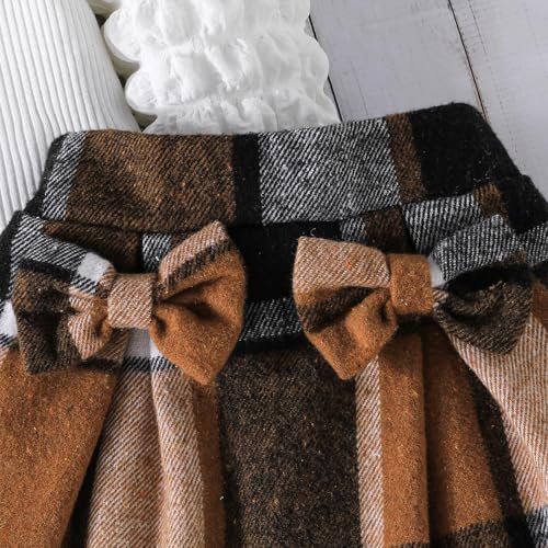 Image of Noubeau Toddler Girls Plaid Outfits Girls Puff Sleeve Knit Ribbed Shirt Tops Plaid Skirt Set Kids Fall Winter Clothes